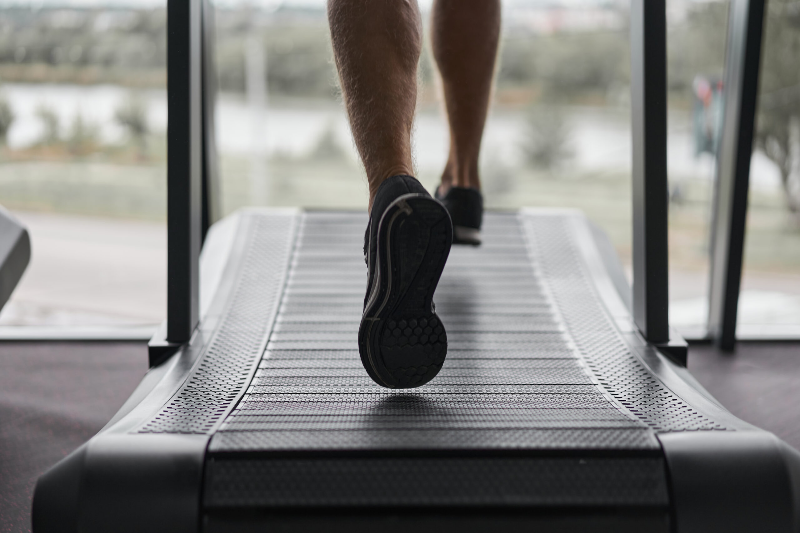 Unrecognizable Man Running Treadmill Gym Athlete Jogging Indoor